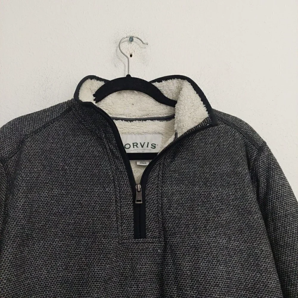 ORVIS Sweater Jacket Mens Medium Sherpa Fleece Lined 1/4 Zip Pullover Gray Black